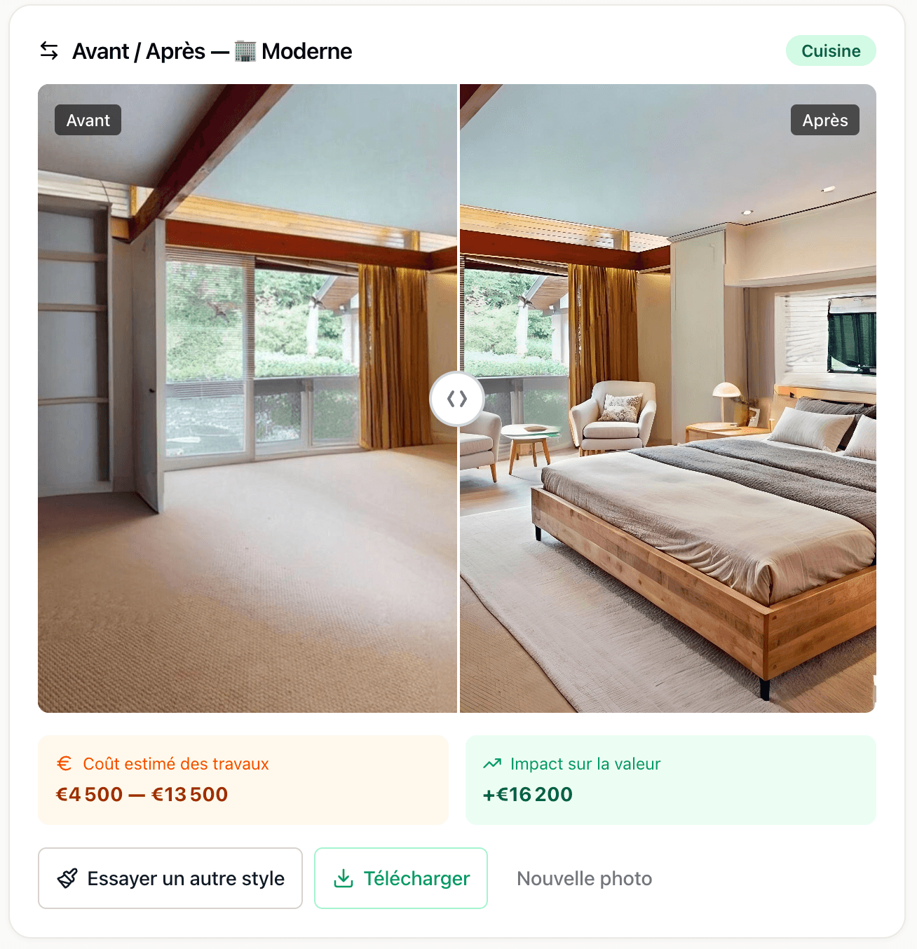 PimpUp before/after example — empty room transformed with AI home staging